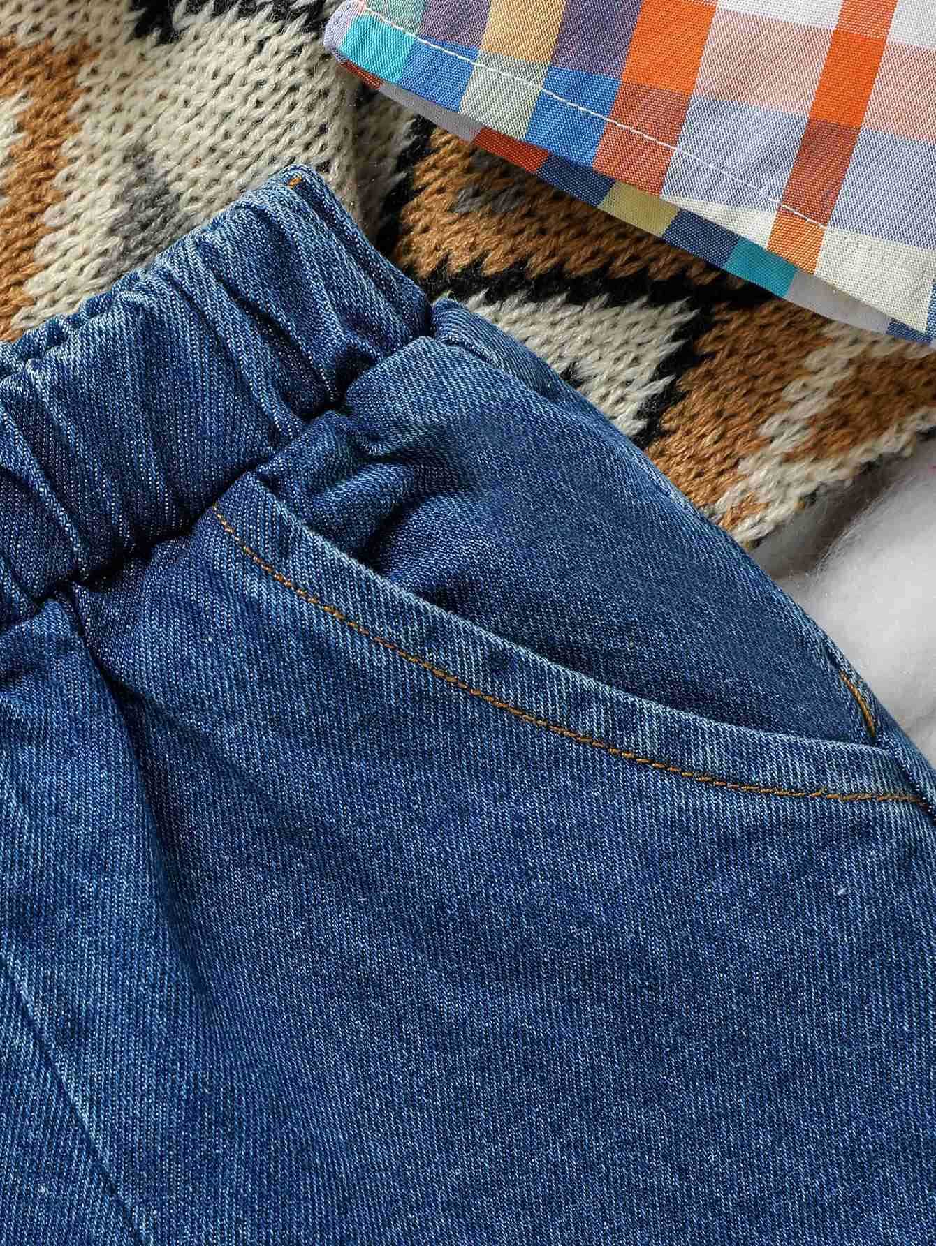 3Pcs Baby Boys LOng Sleeve Autumn/Winter Plaid Shirt Brown Coat+ Jeans For Casual Daily Wear 6M-3Y SetXJ241205