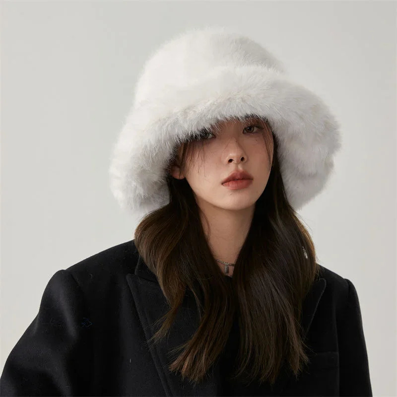 Korean style Kawaii white fluffy winter hat Harajuku womens clothing Emo aesthetic warm winter bucket hat Y2k accessories Kpop 241205