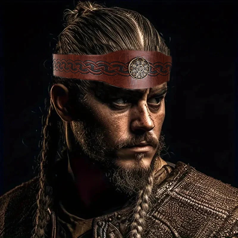 Medieval Mens Halloween Vintage Viking Pirate Print Headdress Celtic Crown PU Leather Role Play Props Accessories 241122