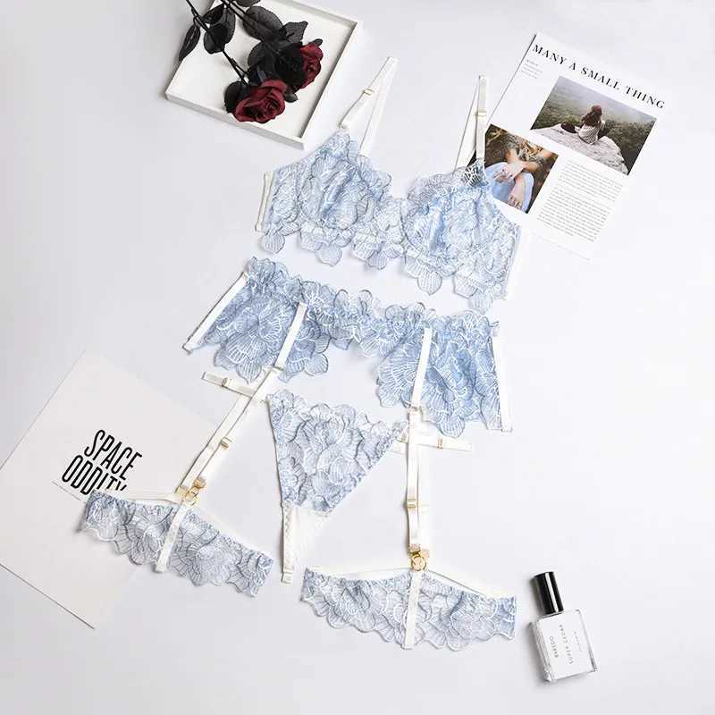 Yimunancy Embroidery Lingerie Set Women 4-Piece Floral Bra + Thong Underwear SetXJ241205