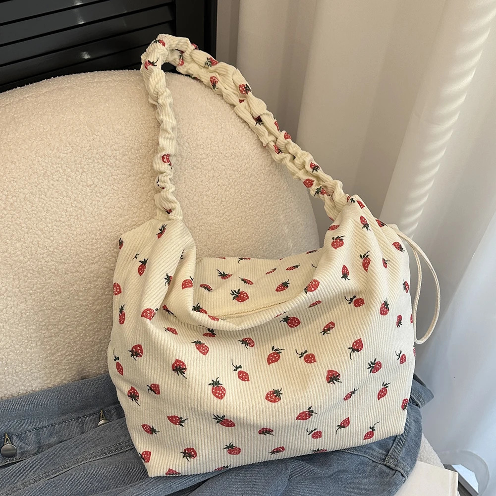 Strawberry Printed Shoulder Bag Women Cute Pleated Corduroy Cross Body Messenger Large Capacity Female Travel Casual 241204