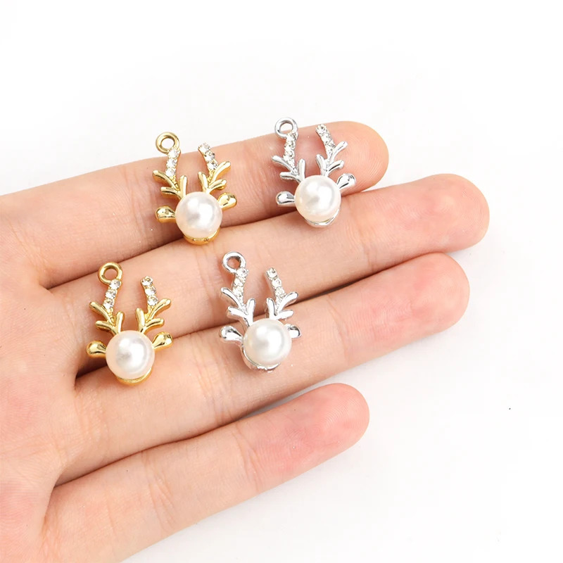 10pcs Delicate Reindeer Horn s Pearls Inlaid Charms Light Temperament Couple Jewelry Findings Christmas Decor 241122