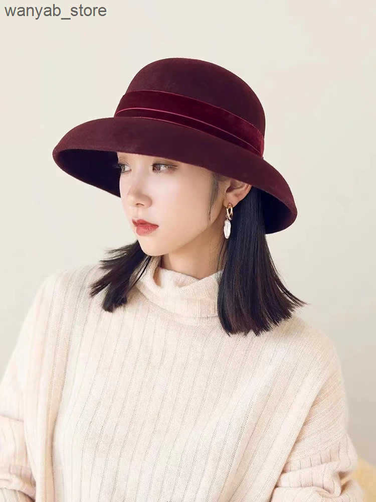 Cloches Autumn and Winter% Wool Hat Bell Hat Womens French Elegant Retro Hepburn Round Big Brim Hat L240910