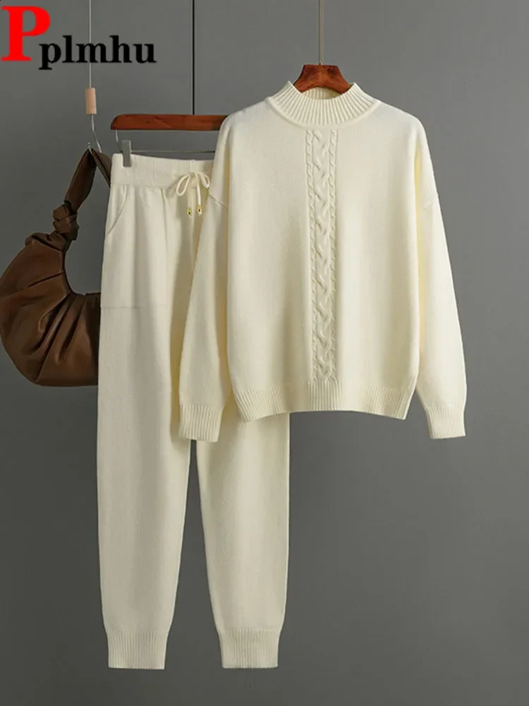Fall Winter Sweater 2 Piece Set Casual Half Turtleneck Knit Pullover Tops Conjuntos High Waist Harem Pants Suits 241205