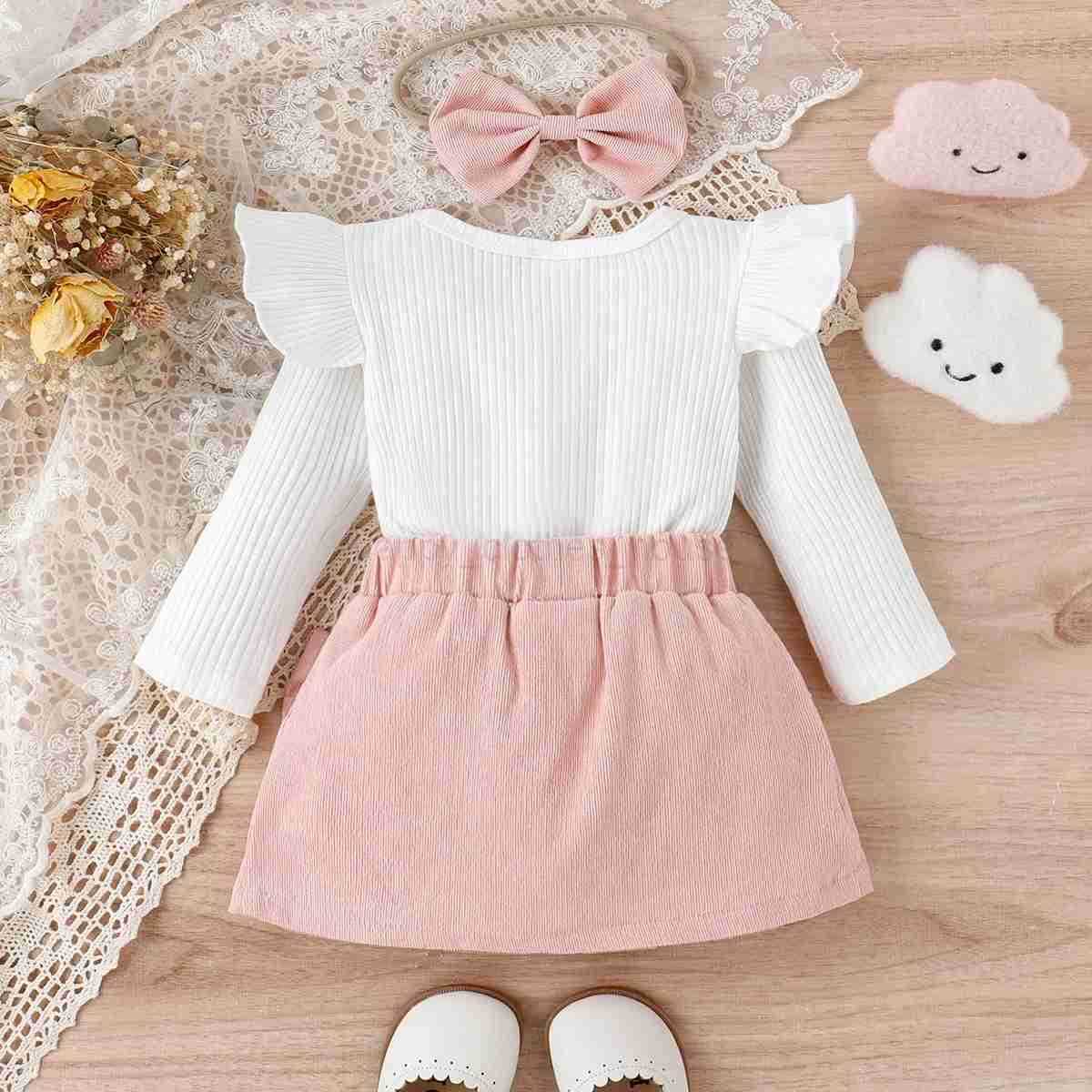3pcs Baby Girl 95% Cotton Ribbed Ruffle Long-sleeve Top and Bow Front Skirt Headband Set Basic Sle ComfortableXJ241205