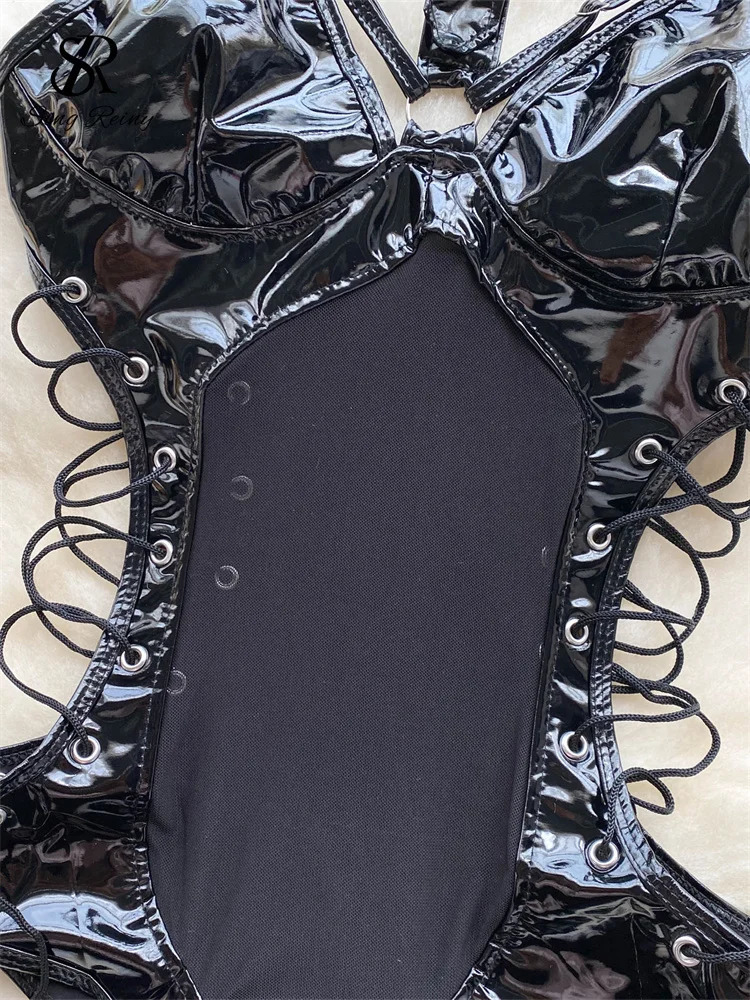 SINGREINY PU Leather Sensual Halter Camis Rompers Drawstring Lace-Up Slim Playsuits Female Open Crotch Erotic Lingerie Bodysuits 241205