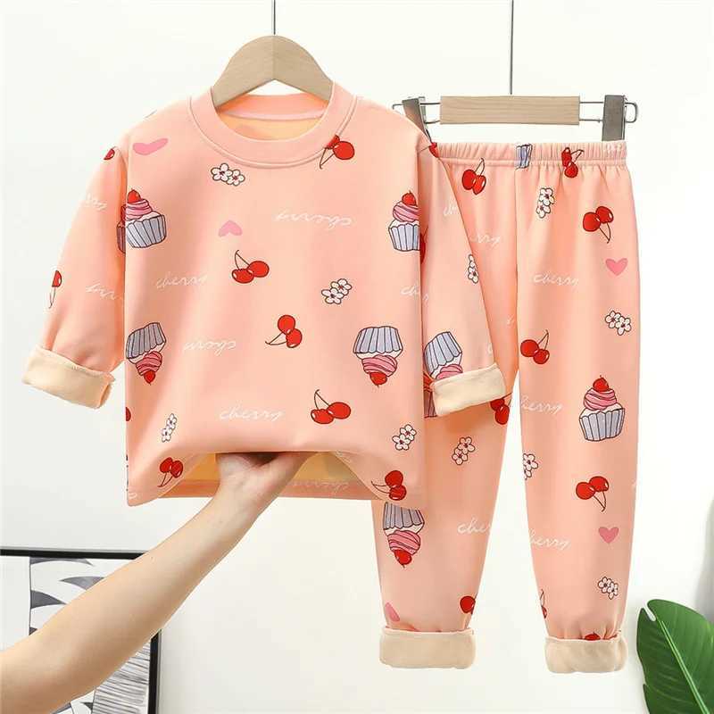 Pajamas Kids Warm Pajama Sets Autumn Winter Plus Velvets Clothing Suits Boys Girls Fashion Print Pullover+Pants 2Pcs Outfits 1-14 Years H241205