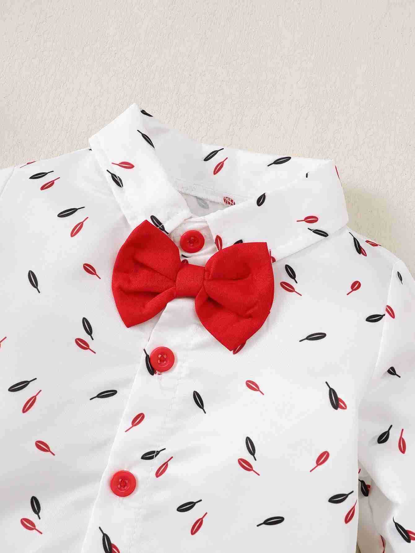 Baby Boy Gentlemans Dress College Sle Two-piece Set Small Feather Print Long-sleeved shirt + Strap trousers Little GentlemaXJ241205