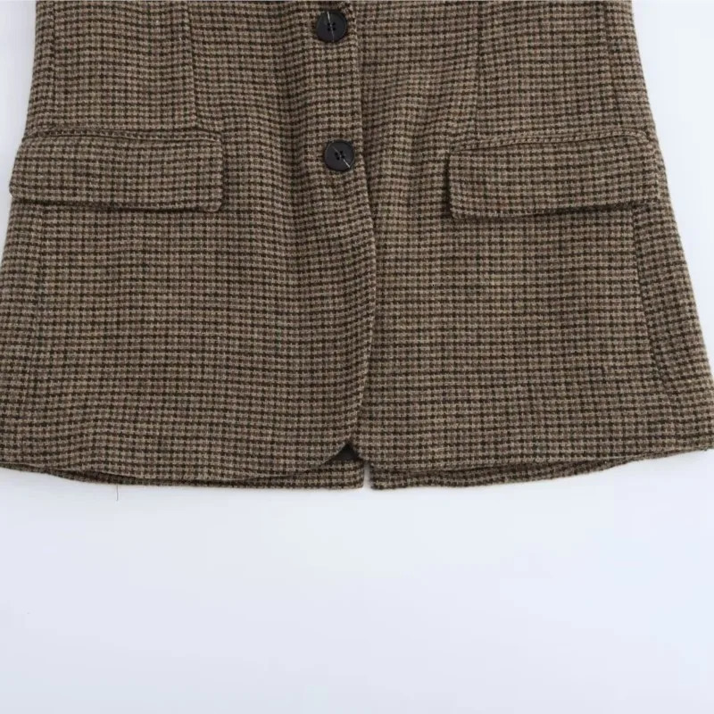 TRAF Plaid Blazer Women Autumn Office Lady Button Pocket Decoration wool blend Female Chic Outwear Blazers 241204