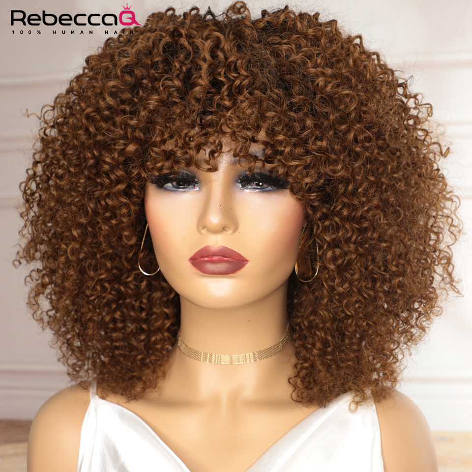 Big With Bangs Short Human Hair Afro Kinky Curly Brown Color Glueless Full Hine Made Wig 250 Density Brazilian