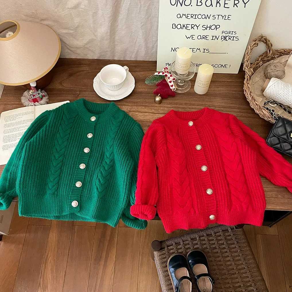 Childrens clothing South Korea 2024 new baby autumn winter clothing girls red and green cardigans wool sweater thick sweater trend W241205