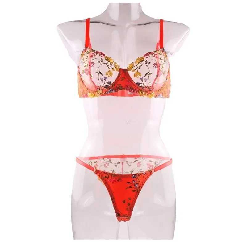 2-Piece Embroidery Lingerie Set Sexy Floral Sheer Wireless Bra Boho Bra Panty SetXJ241205