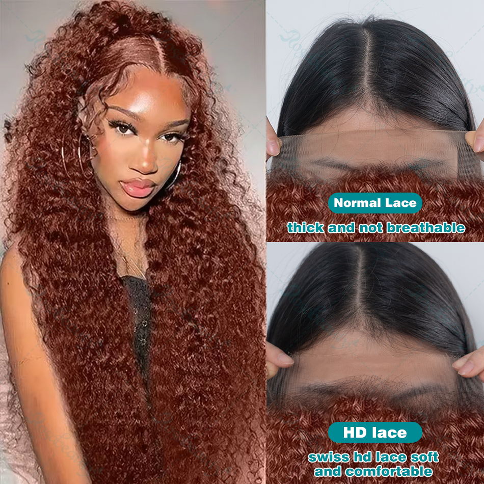 Rosabeauty 250 Density Reddish Brown Curly Wigs 13X6 HD Lace Frontal 13X4 Deep Front Wig Human Hair Water Wave 38 Inches