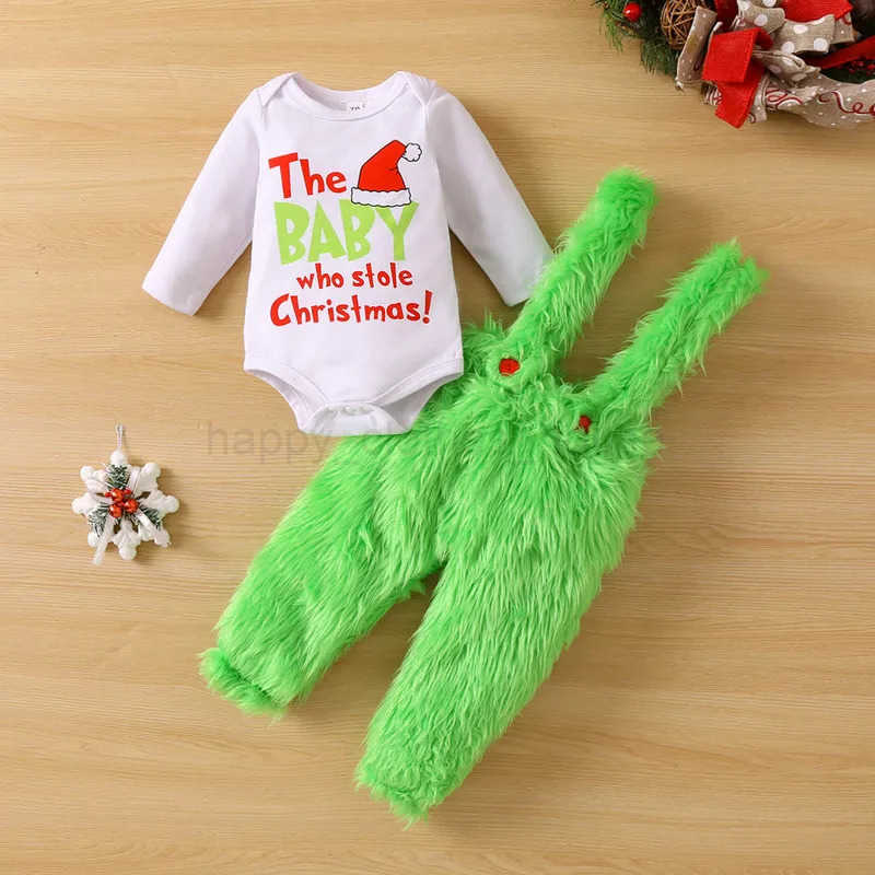 Christmas Newborn Baby Girl Boy Jumpsuit Pant Sets Letter Long Sleeve Bodysuit and Plush Suspender Pants Baby Items ClothingXJ241205