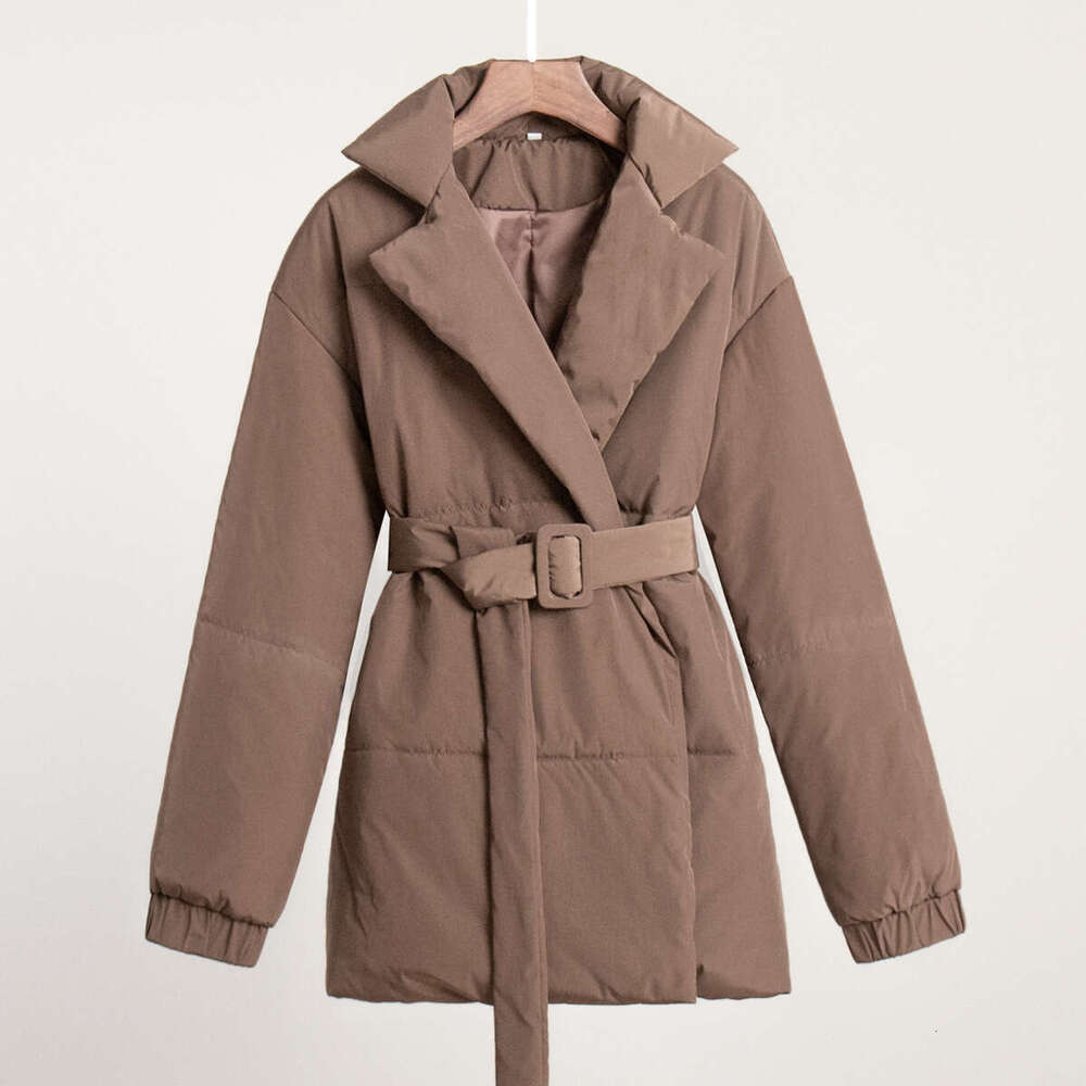 Collar European American winter item, thickened and slimming, waist cinched solid color belt cotton jacket, 2024 new casual fashion trend clothing
