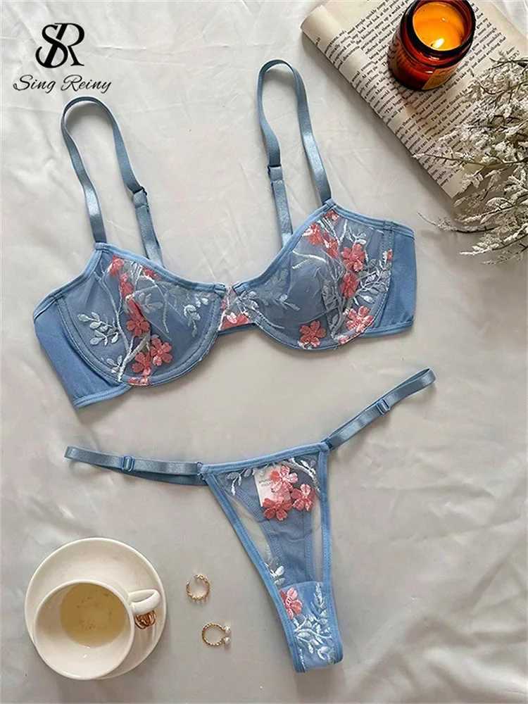 SINGREINY Thin Sexy Bra Briefs Sets Women Sensual Floral Embroidery Lace Lingerie 2024 Fashion Mesh Transparent Underwear SuitsXJ241205