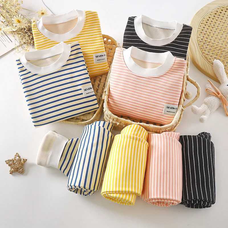 Pajamas New striped plush warm childrens clothing set for boys and girls pajamas clothing pants autumn and winter pajamas 0-5 years old H241205