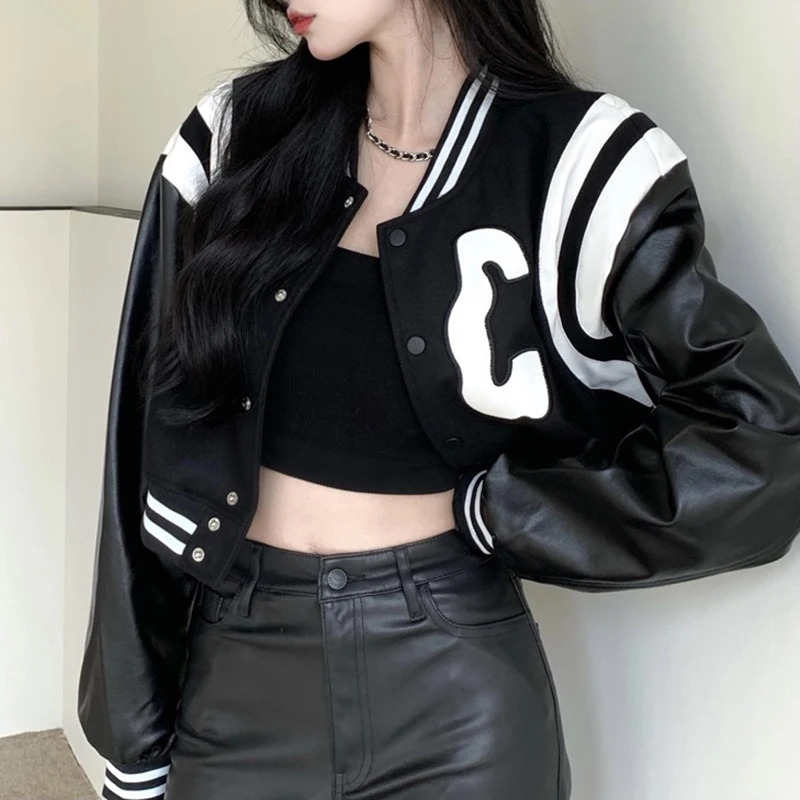 Jackets Womens Bomber Black Coats Leather Baseball Short Coat Y2k Jacket Woman Goth Clothing Streetwear 241205