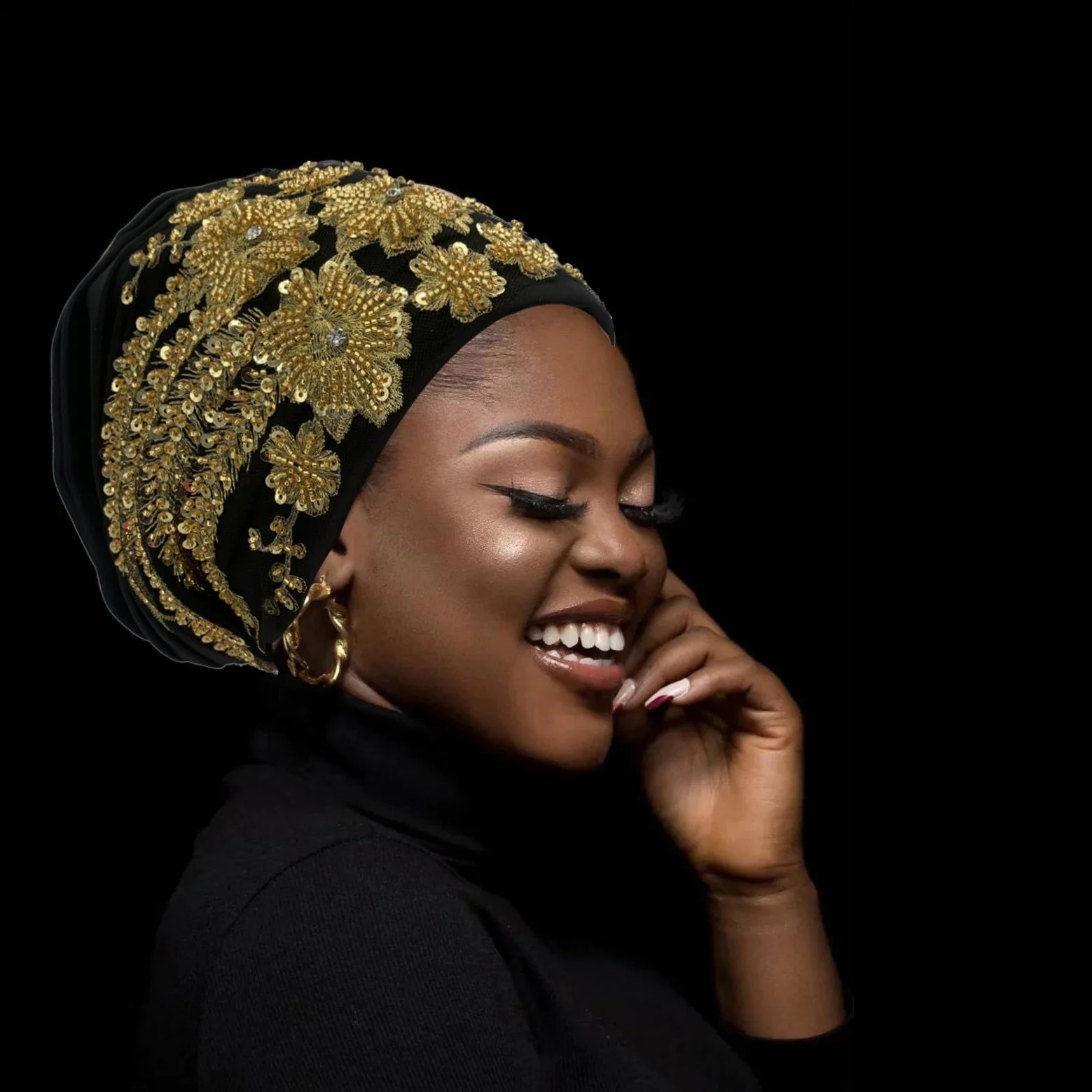 African womens wrapped headband Muslim headscarf womens headscarf embroidered beaded pleated headscarf 241216