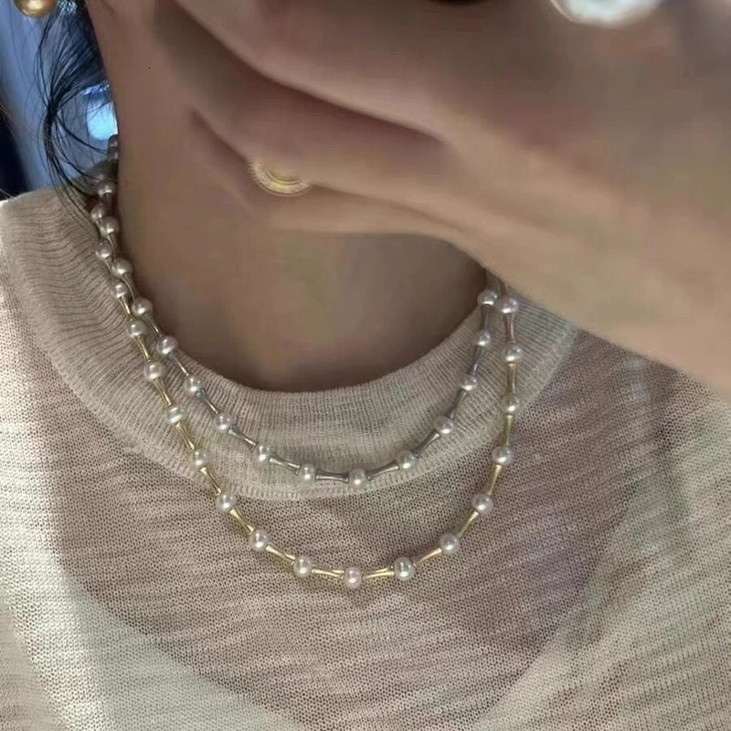 100% Natural Fresh Water Bright White AKOYA Pearl Necklace Bamboo Knot Kravik Chain Star Style Mens and Womens Jewelry 241205