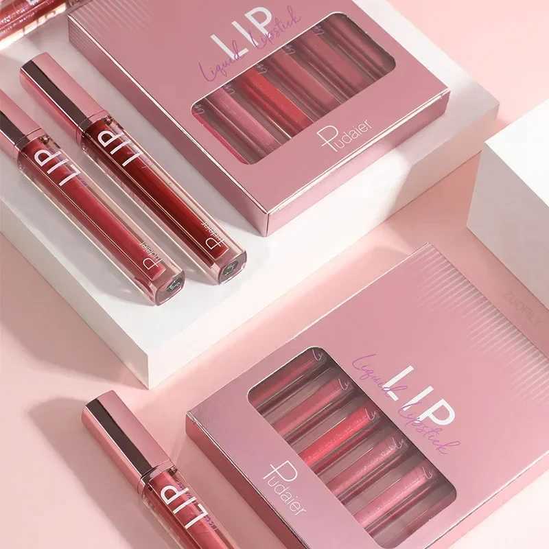 6 Colors/Set Matte Glitter Lip Gloss Non-stick Cup Not Easy To Fade Waterproof Lasting Velvet Sexy Red Liquid Lipstick CosmeticXJ241205