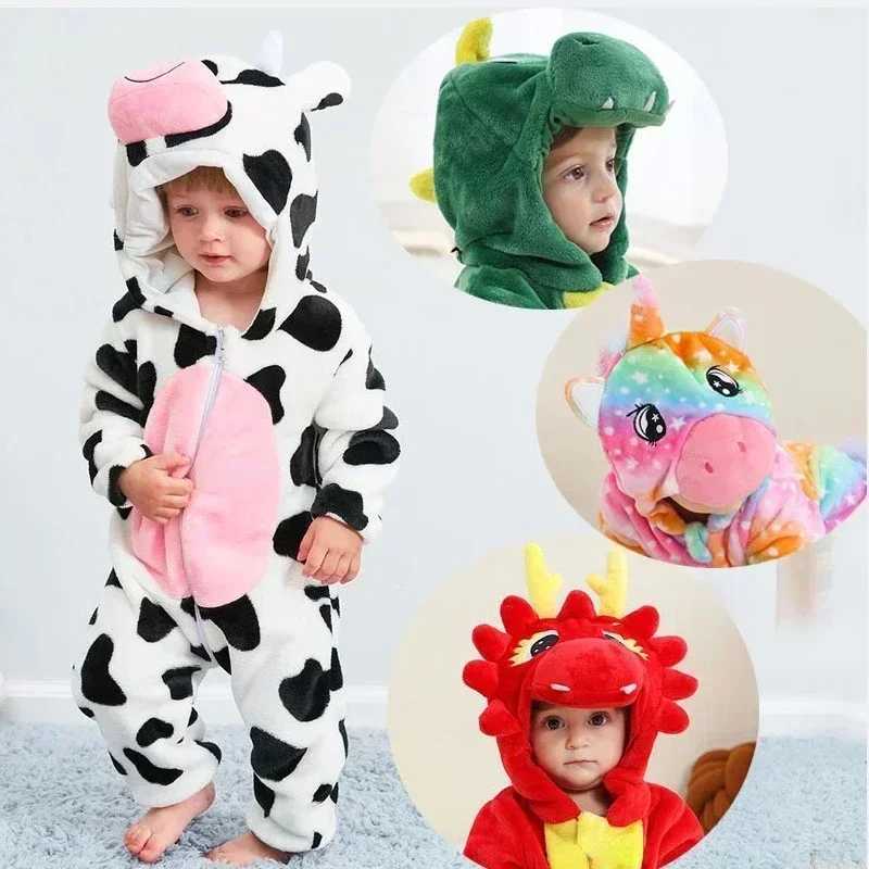 Pajamas Baby Girls Onesie Kigurumi Monkey Cow Lion Animal Cosplay Costume Winter Flannel Jumpsuit 1 to 4 Years Kids Boys Pajamas H241205