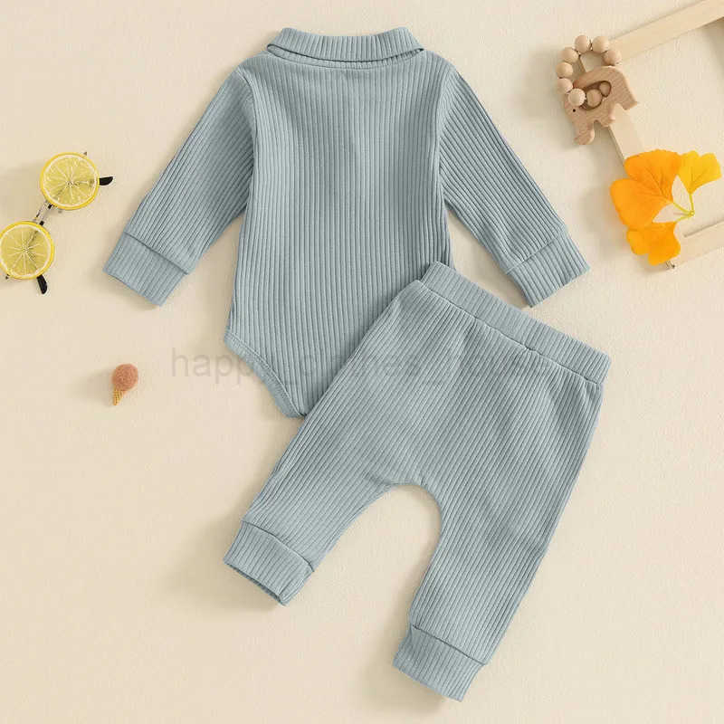 RUEWEY 0 to 18 Months 2-Piece Baby Boys Ribbed Pant Sets Button Long Sleeve Lapel Neck Bodysuit Drstring Pocket Long TrousersXJ241205