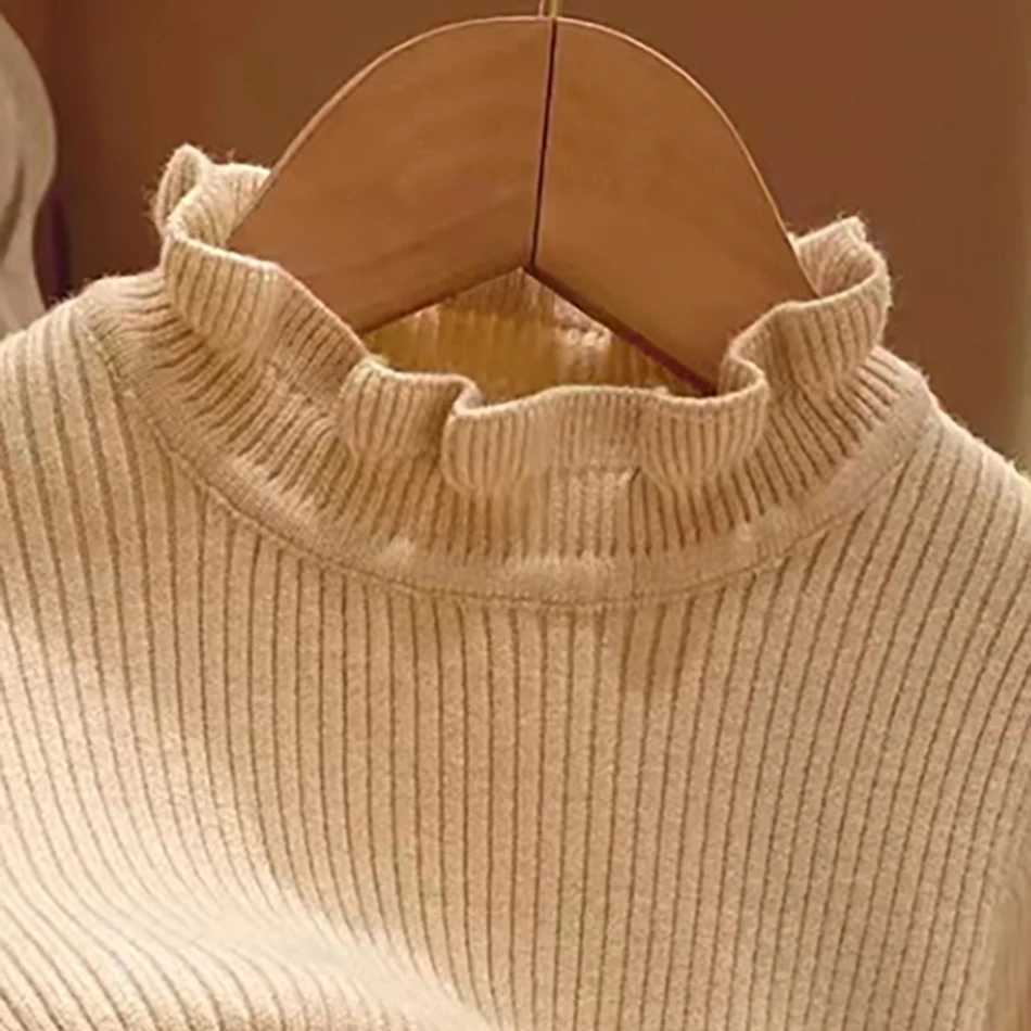 Cozy Girls High Collar Solid Color Sweater Autumn Winter Knitted Sweater Ruffle Collar Small and Medium Childrens Casual Sweater W241205