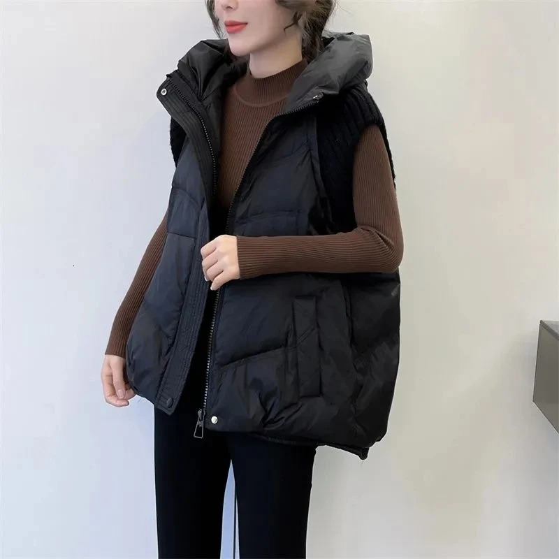 Autumn Winter Knitted Splicing Cotton Vest Jackets Women Loose Sleeveless Waistcoat Vest Coat Female Casual Ladies Tops 241205