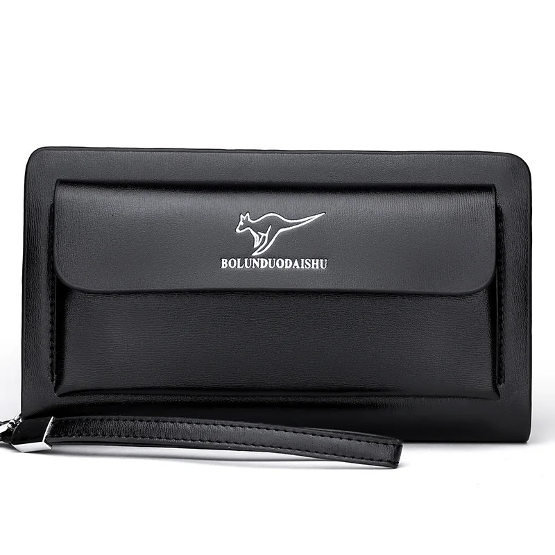 KANGAROO Men Clutch Bag Fashion Leather Long Purse Double Zipper Business Wallet Black Brown Male Casual Handy 241204
