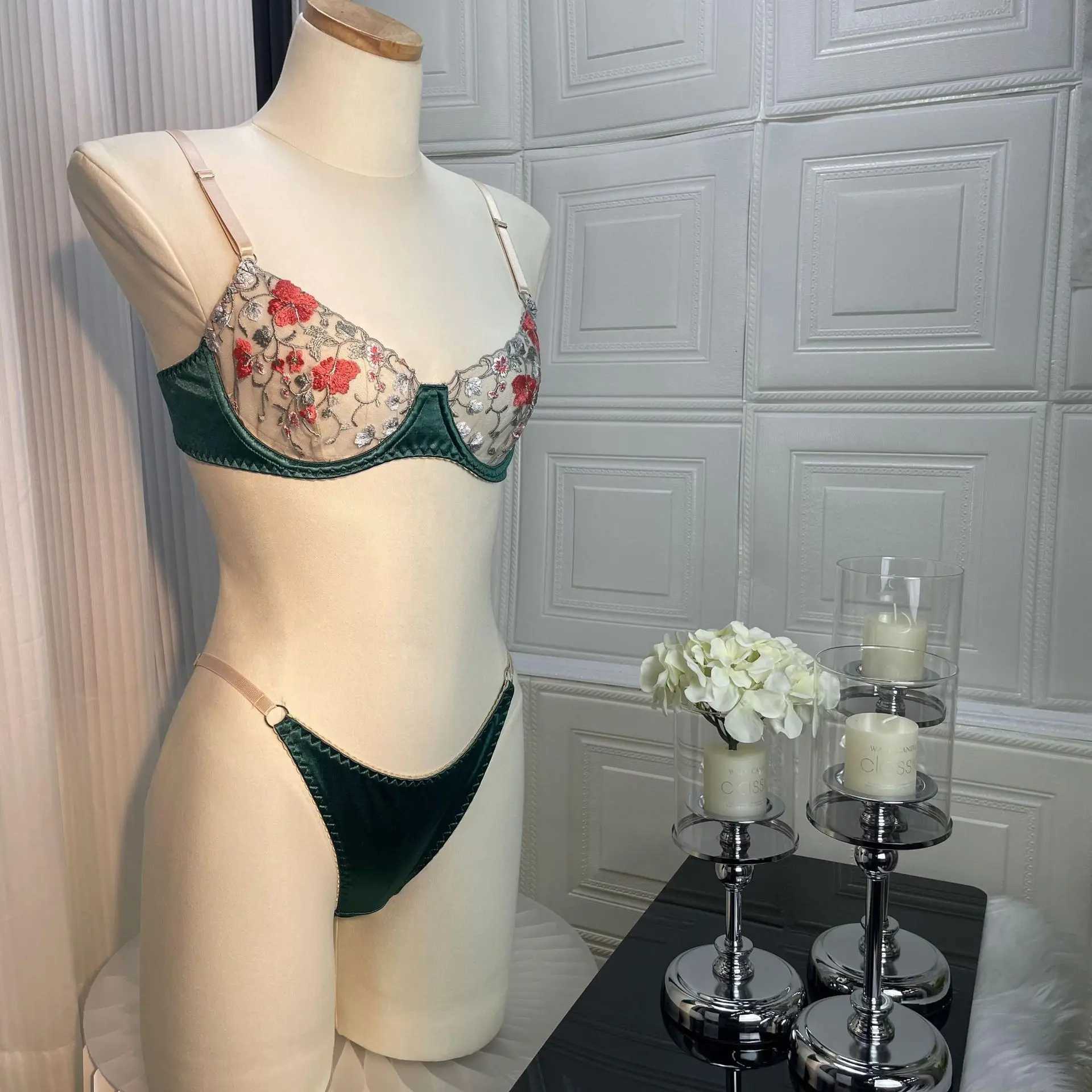 Sexy Lingerie Set Women Green Floral Embroidery Transparent Erotics Bra + Thong Panty Perspective Underwear Two-piece SetsXJ241205