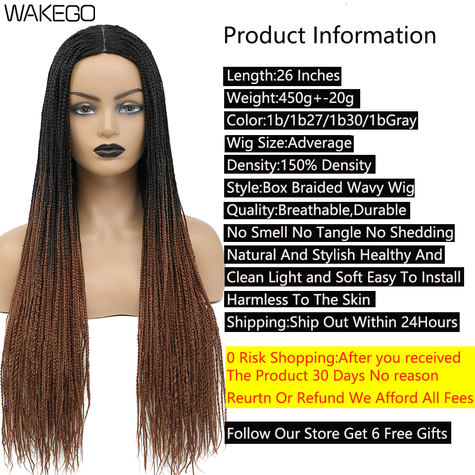 Wakego 26 Inch Ombre Box Wigs For Black Women Braided Fake Scalp Heat Resistant Braiding Hair Wig Peruca Sintetica