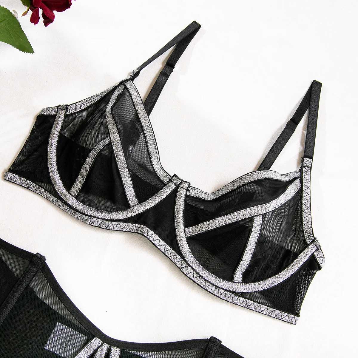 Women Glitter Shimmer Silver Bra Brief Suits Fashion Transparent Mesh Intimate Lingerie Outfit Erotic Sexy 3 Pieces UnderwearXJ241205