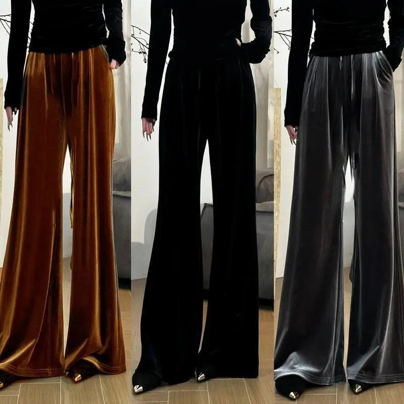 Simplicity Office womens autumn and winter pleated pants womens solid pocket elastic high waist fashionable straight wide leg Trouser 241202