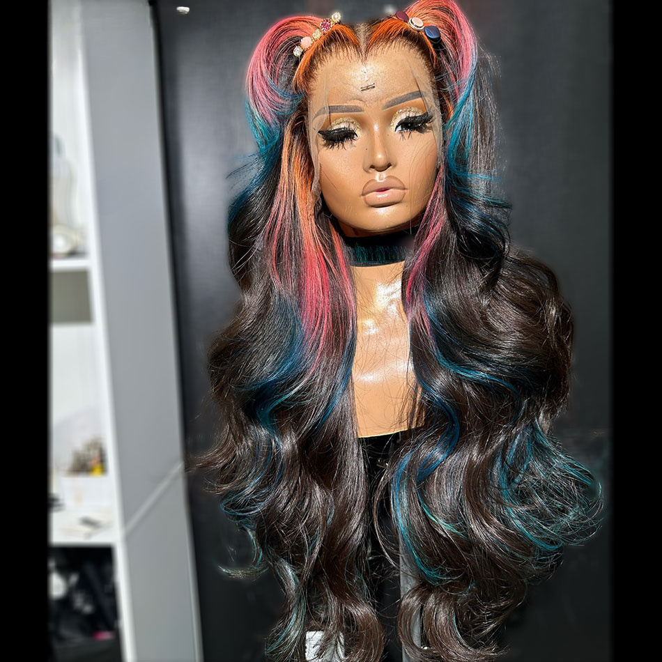 Highlight Pink Blue Ready Go 13x4 Body Wave Lace Frontal Human Hair Wigs Transparent Lace Frontal Wig Synthetic Closure Lace Wigs