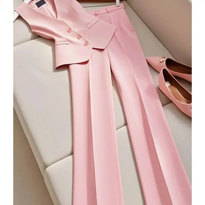 Fashion Office Lady Suit Womens VNeck Single Breasted Blazer Vest High Waist Wide Leg Pants 2Piece Set Formal Outfits 268P 241205
