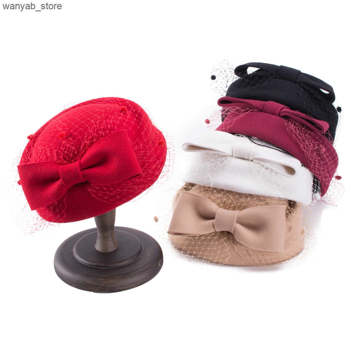 Cloches Womens winter pillow box hat retro style wool felt charming bow veil wedding party church hat A080 L240910