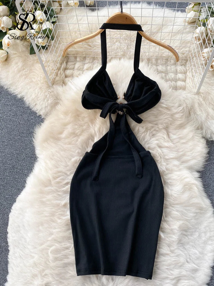 SINGREINY Sensual Camis Female Dress French Sleeveless Lace Up Sheath Dress Women Slim Short Halter Backless Sexy Dress 241205