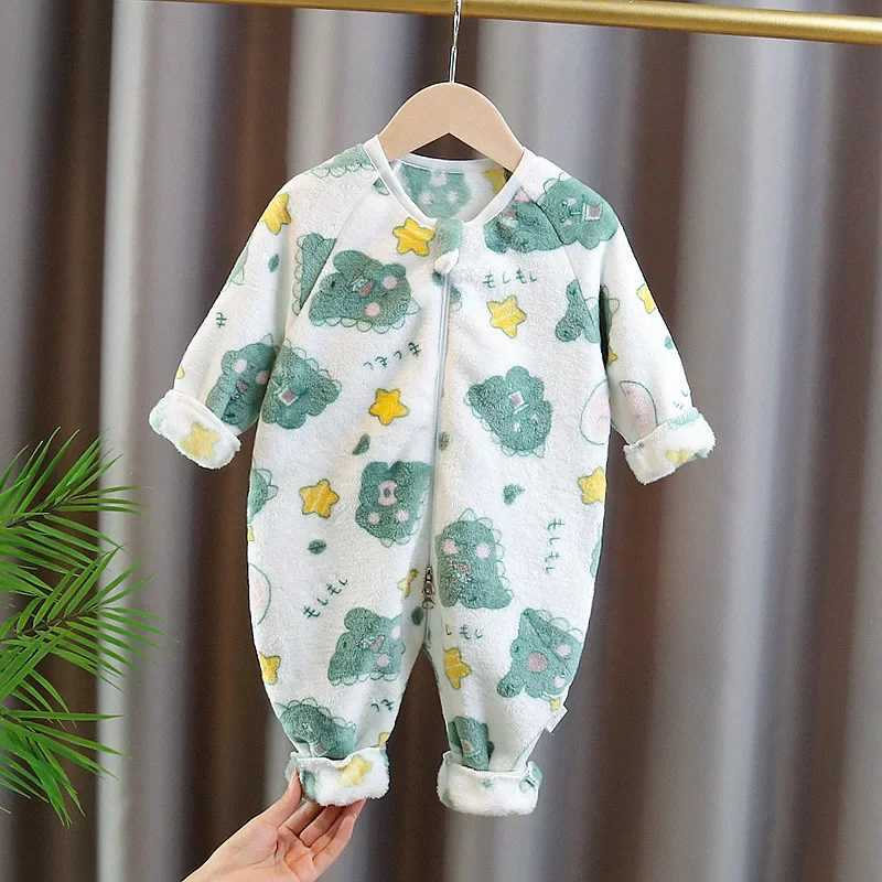 Pajamas New Boy Fall Winter Thicken Coral Double Fleece Onesie Girl Pajama Baby Crawling Clothe Padded Sleeping Bag Outwear Fit Jumpsuit H241205