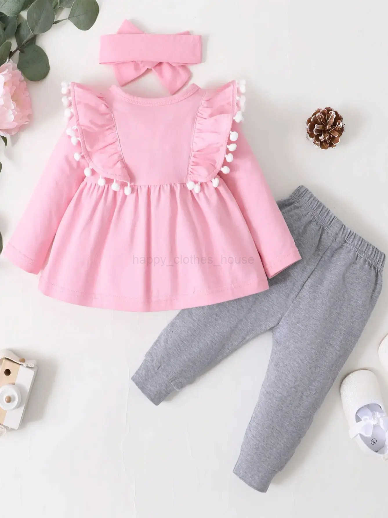 0-2 Year Old Newborn Baby Girl Spring and Autumn Round Neck Long sleeved Dress with Solid Color Pants Fashion SetXJ241205