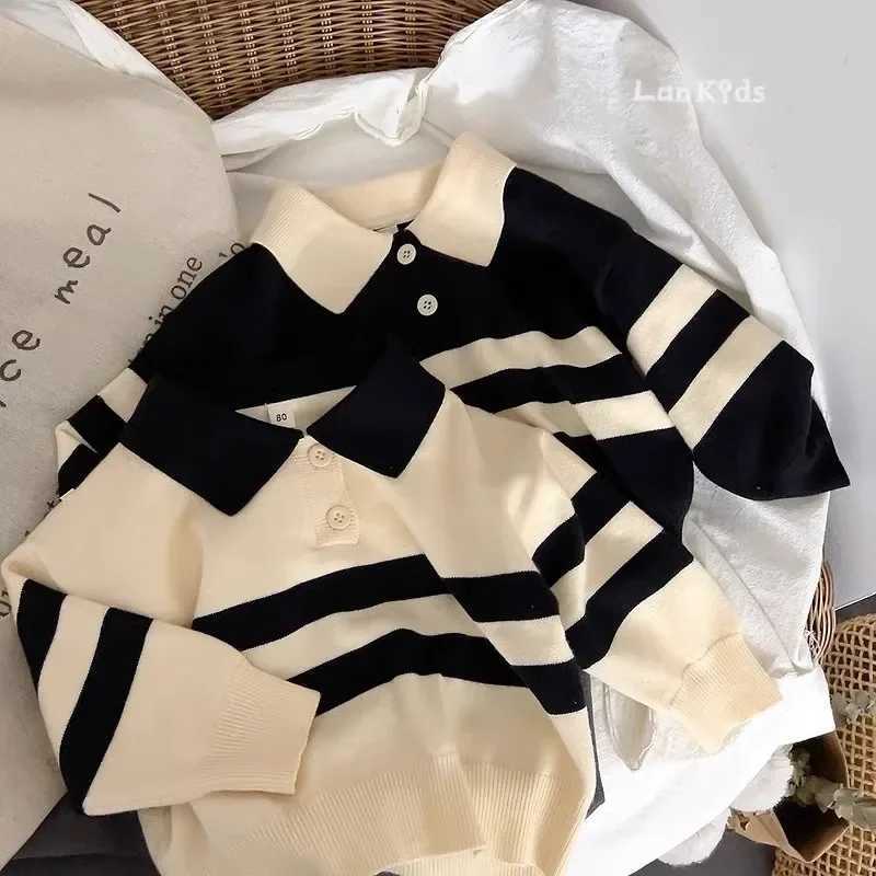 New Korean sled spring autumn childrens sweater boys and girls two-piece button striped lapel knit top casual fit slider W241205