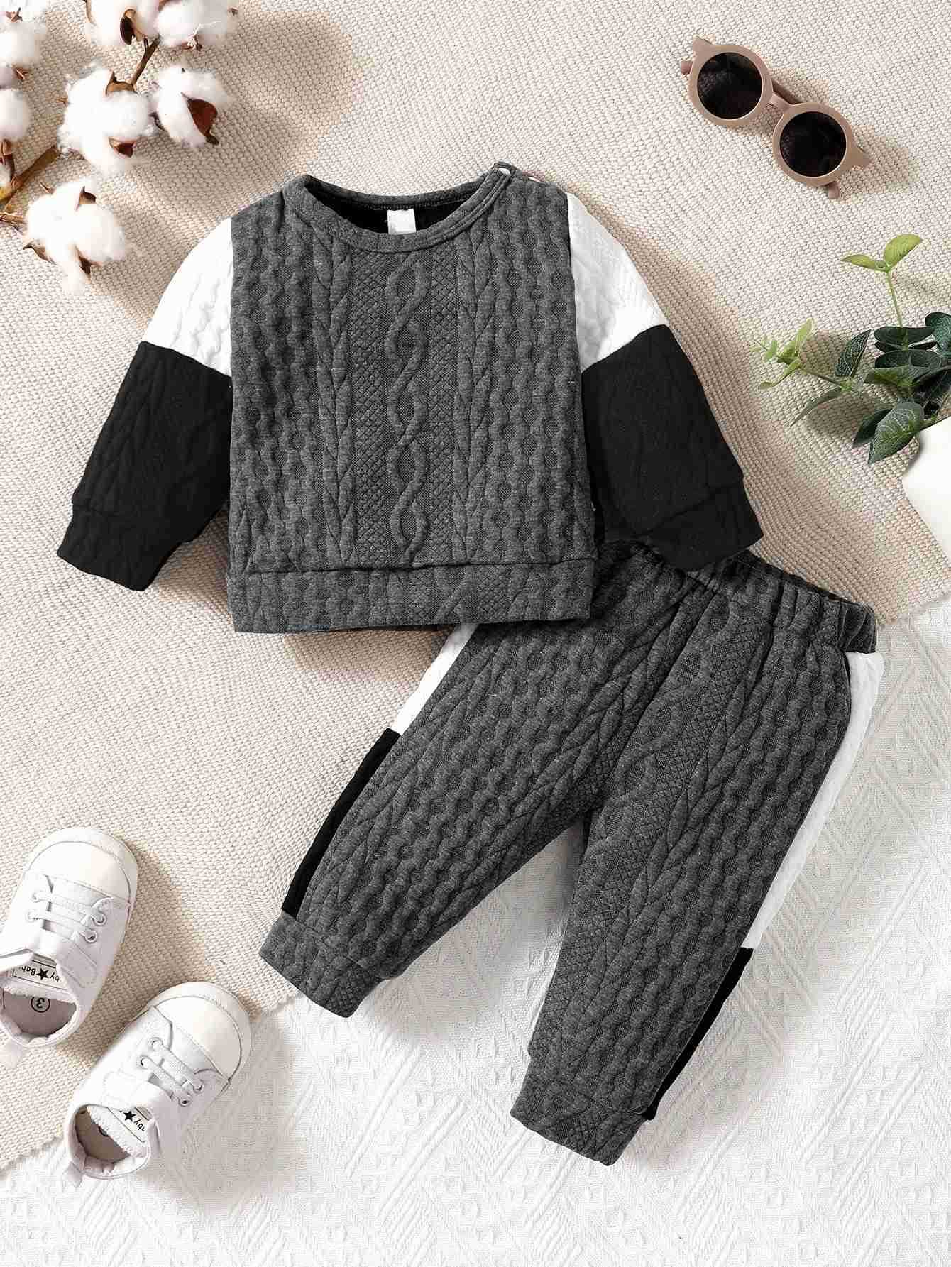 Boys Winter Home Casual Shoulder Buckle Long Sleeve Thick Silk Cotton White Black Grey Stitching Long Sleeve Boys Fashion SetXJ241205