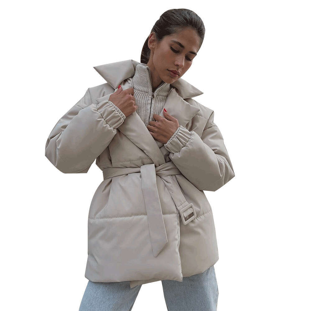 Collar European American winter item, thickened and slimming, waist cinched solid color belt cotton jacket, 2024 new casual fashion trend clothing