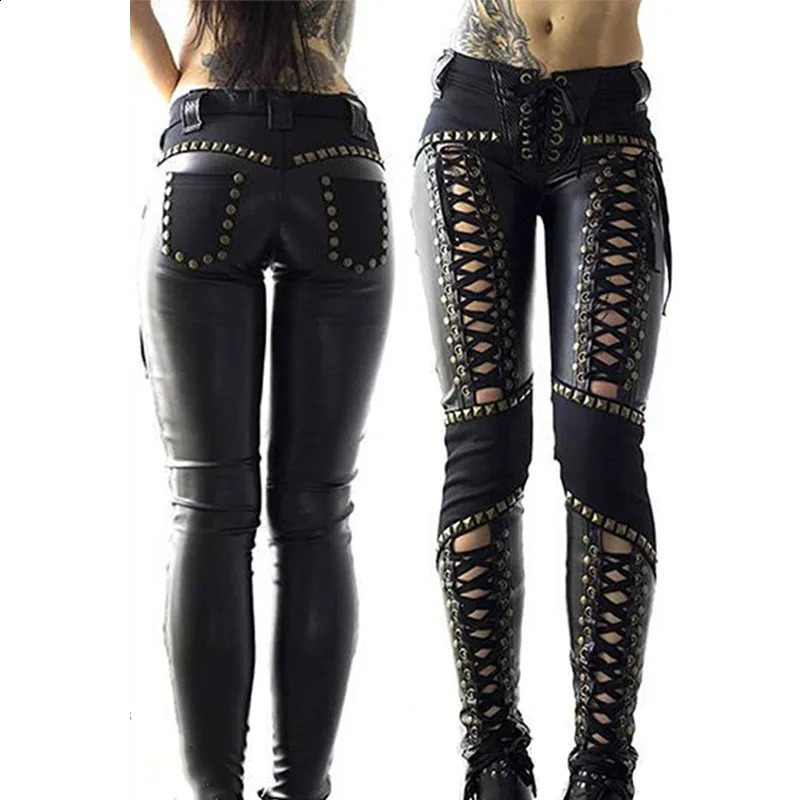 Women Pants Punk Rock Leather Pencil Sexy Hollow Out Bandage Leggings Streetwear Womens 241205