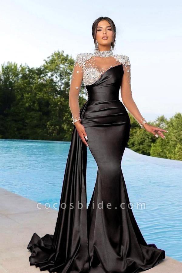Elegant Black Peach Purple Mermaid Prom Dresses High Neck Sheer Appliques Beads Illusion Long Sleeve Pleats Ruffles Formal Occasion Evening dress BC16