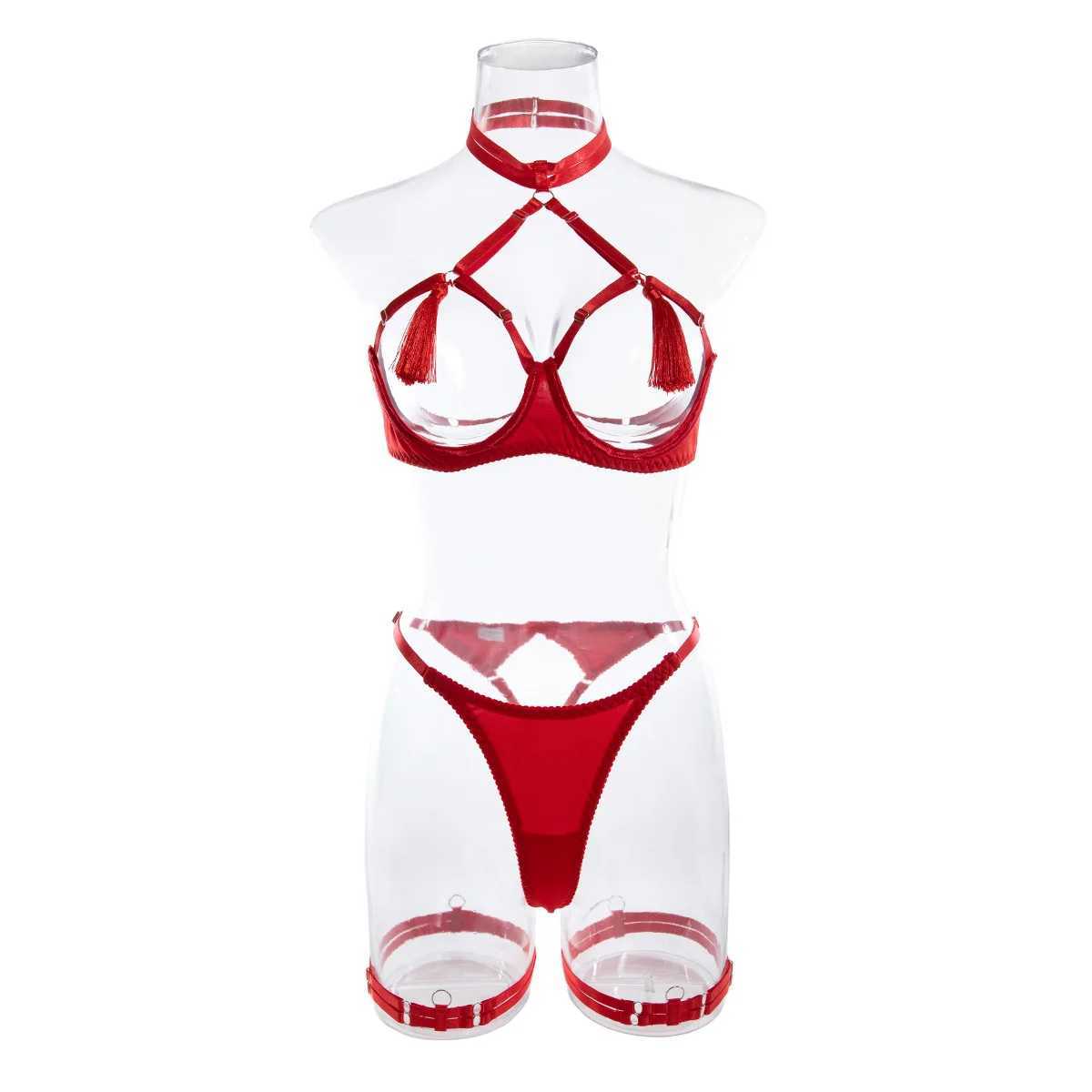 Sexy Hollowed Out Tassels Exotic Apparel Suit 2024 New Fashion Womens Solid Seductive Opening Underwear Female Intimates SetXJ241205