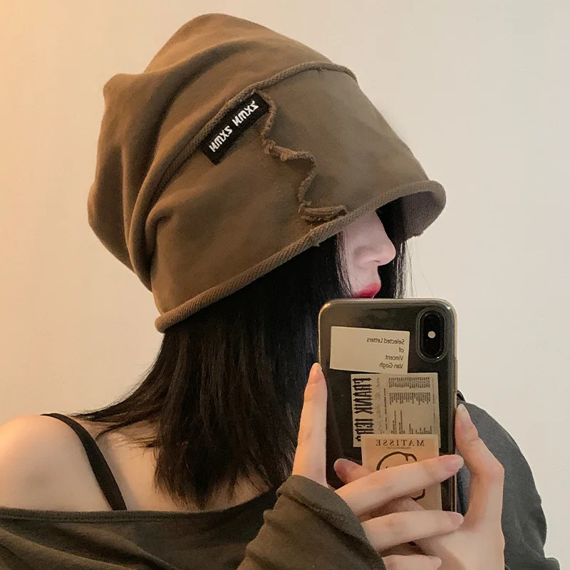 Japanese Simple Curly Headcap Womens Autumn and Winter Loose Big Head Casual Warm Cap Skull Bean Hat 241205