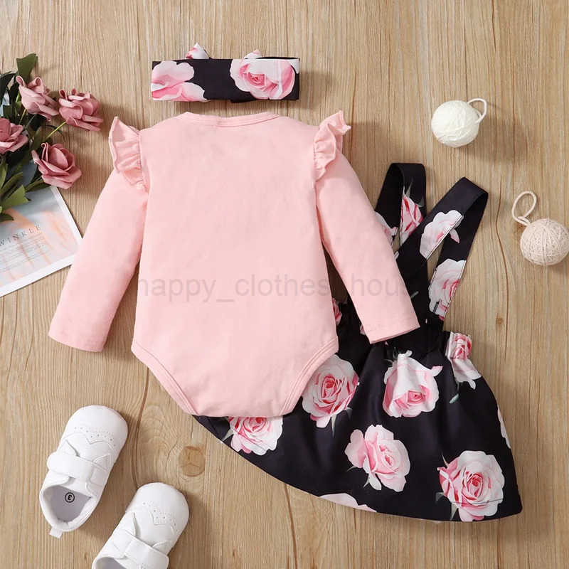 3PCS Baby Girl Dress Set Long Sleeves Bodysuit+Rose Floral Suspender Skirt+Headband Fashion Outfits for Toddlers 0-18 MonthsXJ241205