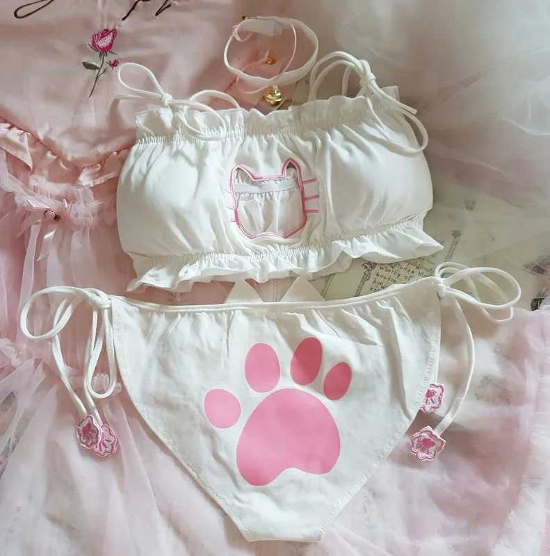 Japanese anime cos sexy cute Cat girl cotton hollow Out Sexy Open Chest Lace-up Underwear Set Cosplay Cute lace panties setXJ241205