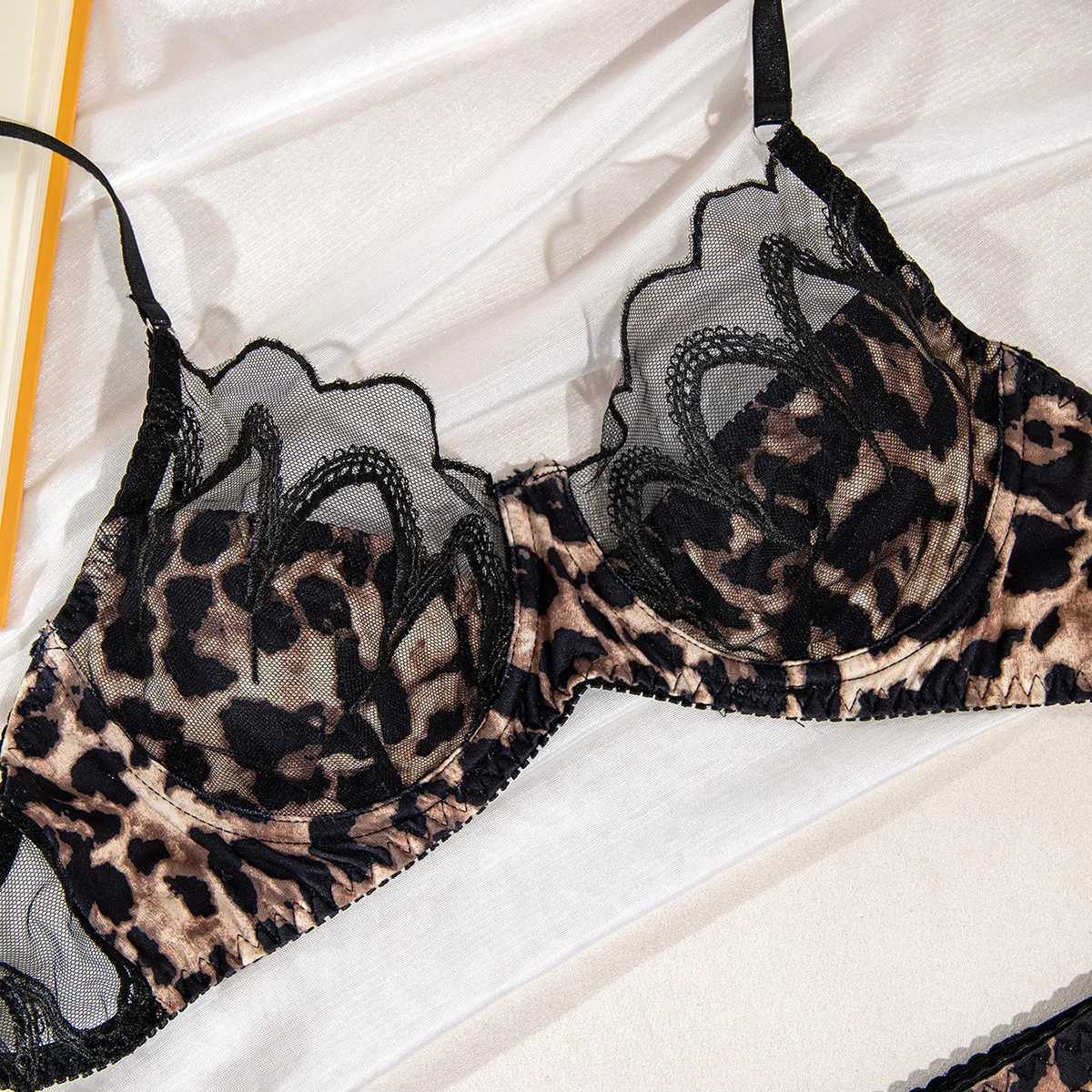 Leopard Print Lingerie Set 2-Piece Sheer Embroidery Bra + Brief Underwear Set Sexy IntimatesXJ241205